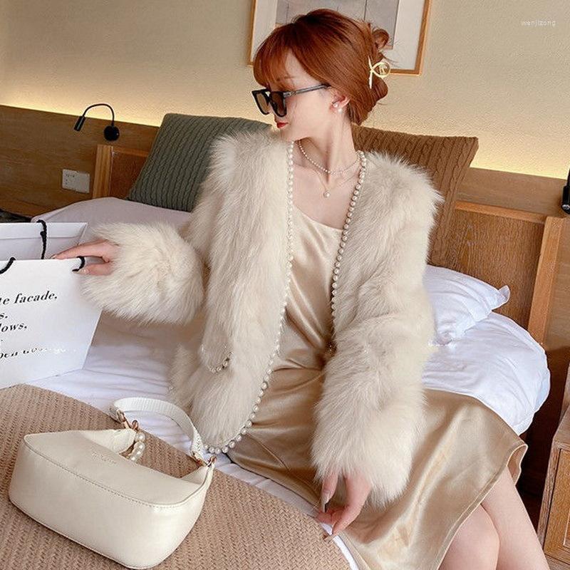 

Women's Fur & Faux Woman Coat Solid Color Pearls Korean Fashion Simple Short Length Vintage Style 2022 Autumn And Winter, Pink