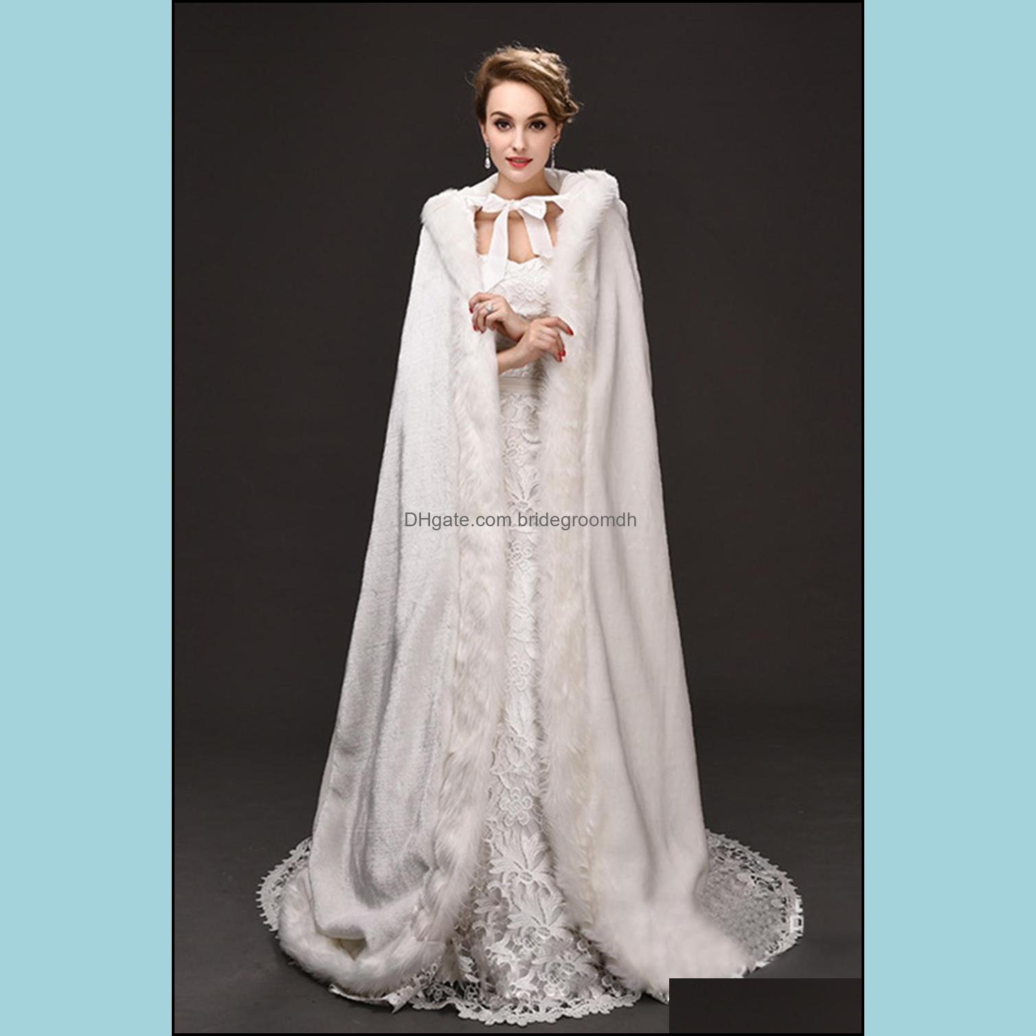 

Wraps Jackets Wedding Accessories Party Events Winter War Faux Fur Bridal Cloak Warm Hooded Trim Floor Length Perf Dhizz, White