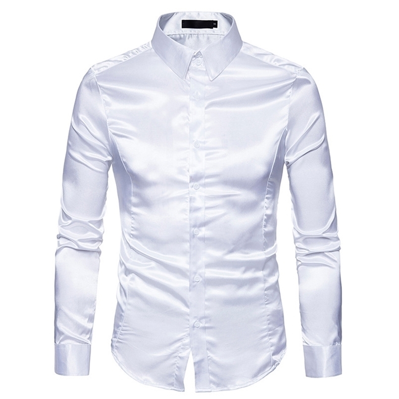 

Mens White Silk Shirt Fashion Satin Men Social Casual Slim Fit Long Sleeve Dress  Male Camisa Masculina 220322, Orange