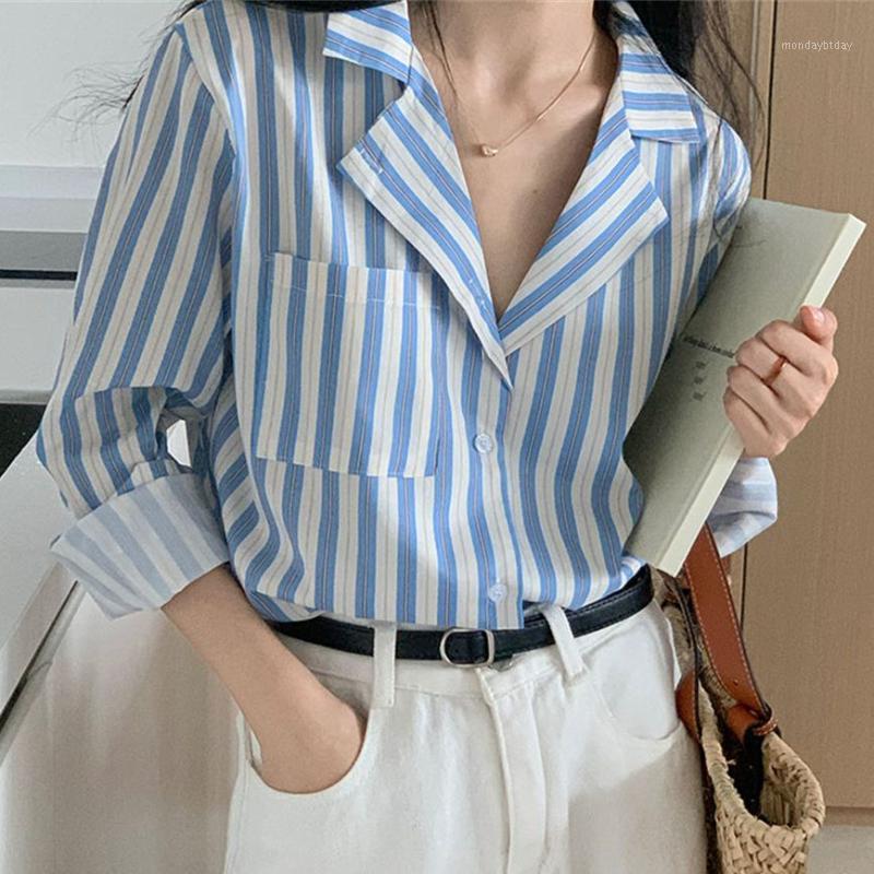 

Women's Blouses & Shirts Alien Kitty Blue Striped Notched Women Casual Gentle Office Lady High Street Autumn 2022 Chic Femme Tops Mujer