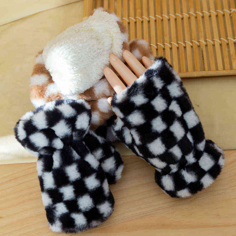 

Women Winter Cartoon Mittens Female Fashion Office Fingerless Gloves Plush Warm Glove Soft Thick Girl Flexible Half Finger T29 T220730