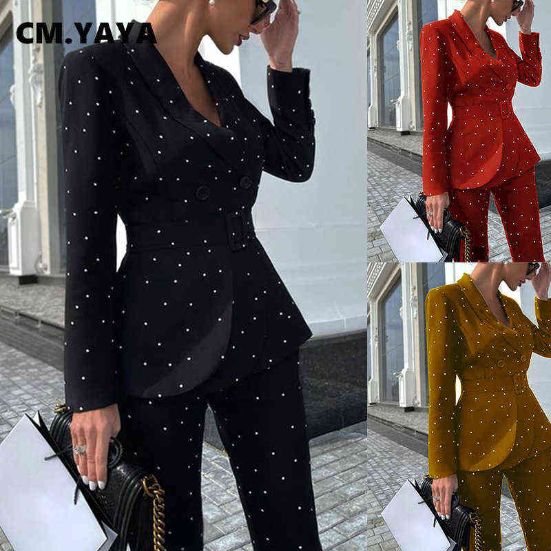 

Cm Yaya Autumn Winter Dot Women Set Long Sleeve Blazer Tops Pants Suit Office Lady Tracksuit Two Delige Set fitness Outfits J220813, Red