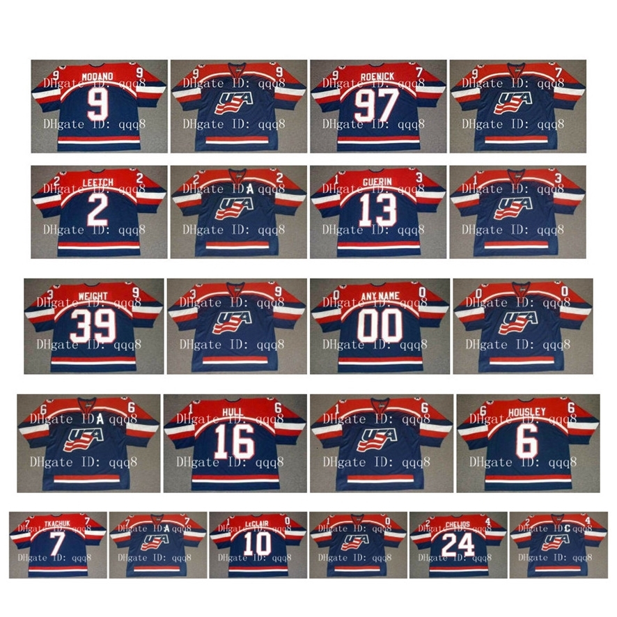 

Vintage 2002 Team USA Jerseys 16 BRETT HULL 6 PHIL HOUSLEY 7 KEITH TKACHUK 10 JOHN LeCLAIR 24 CHRIS CHELIOS Custom Hockey Jersey, Any name number