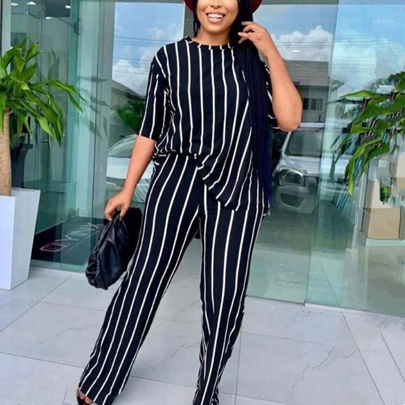 

Women's Two Piece Pants Women Casual Stripe Printed 2 Sets Tracksuit Plus Size Office Lady Tops And Wide Leg Set, Black