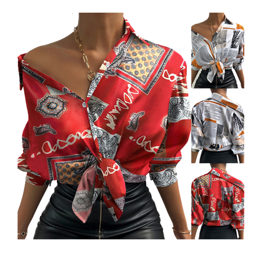 

Womens Digital Printing Blouses Fashion Trend Casual Turndown Bandage Cop Top Designer Famale Spring Long Sleeve Loose Chiffon Shirts HK8945, Red