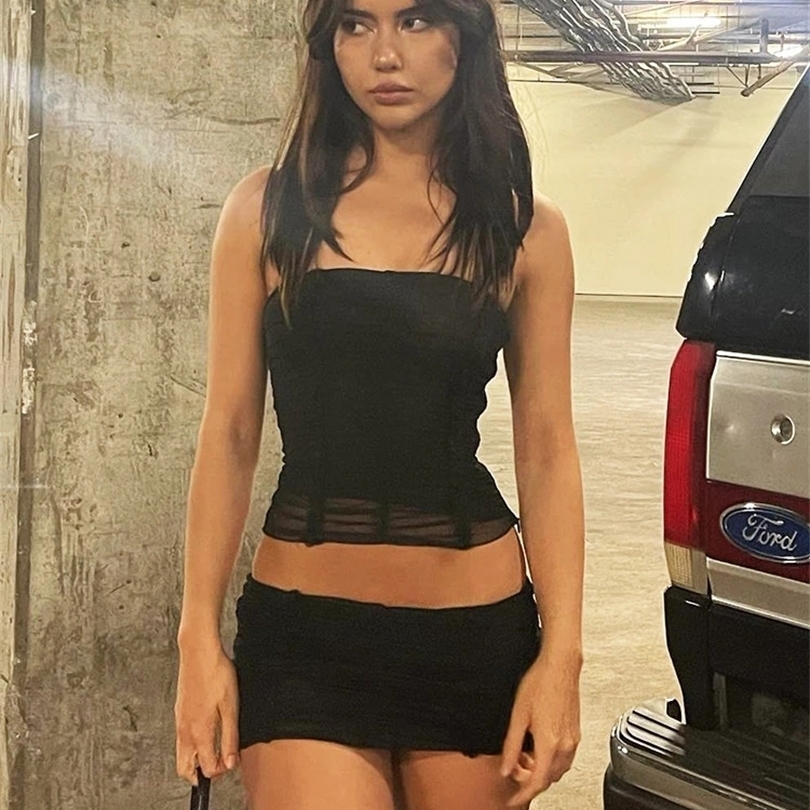 

Jacqueline Summer Sexy See Through Beach Mesh Two Piece Sets Womens Outifits Tube Top Mini Skirts Sets Party Club Dress Set 220510, Black