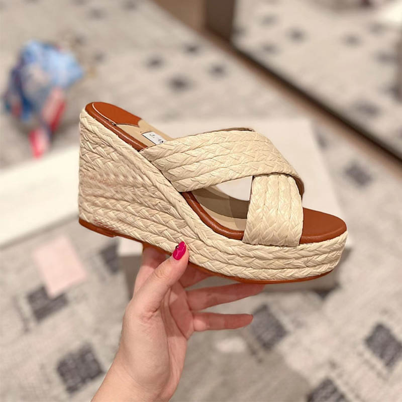 

Classic Ladies Straw Wedge Sandals Brand Designer Style Platform Heels Summer Open Toe Cross Strap Outdoor Beach Casual Shoes 35-40 Sizes With Box, Style 1