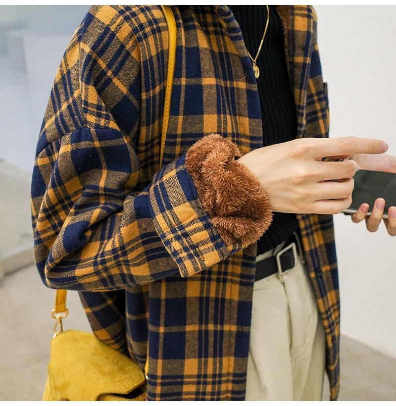 

Women's Knits & Tees Autumn Winter Thick Velvet Plaid Shirts Blouse Women Warm Outwear Shirt Tops Loose Fleece For WomenWomen's Olga22, Black