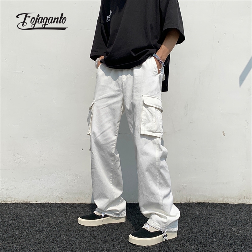 

Men's Pants FOJAGANTO Spring Cargo Korean Solid Color Multi Pockets Straight Hip Hop Street Casual Loose Trousers Male 220826, White