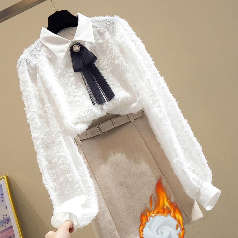 

Women' Blouses & Shirts Lace White For Women Autumn Long-Sleeved Bow Neck Elegant Office Lady Tassel Outwear Tops Fashion Design