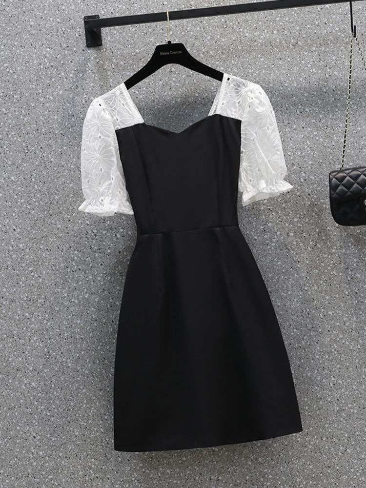 

Casual Dresses Oversize XL-4XL Lace Splice Dress Female Summer Fashion Zipper Back Short Sleeve Square Collar Empire Large DressesCasual, Black