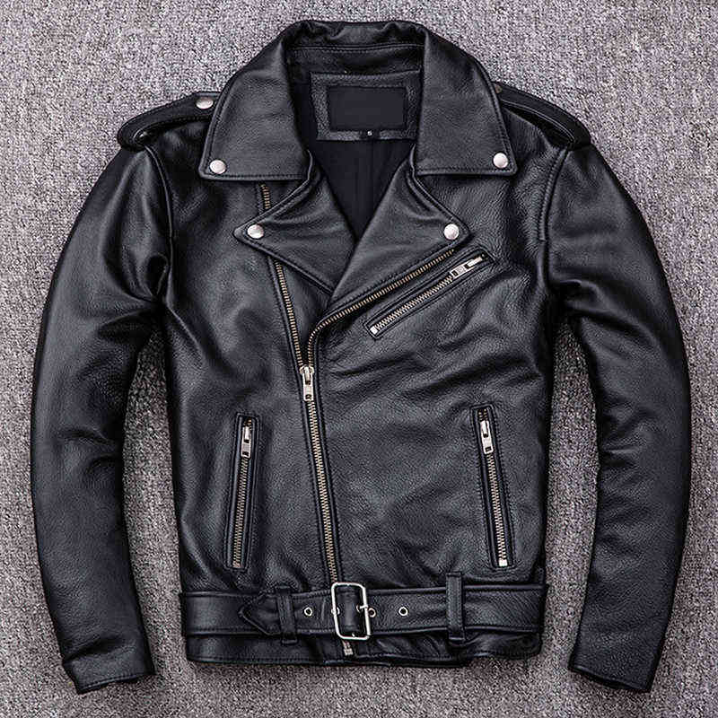 

New Spring Classical Motorcycle oblique zipper Jackets Men Leather Jacket Natural Calf Skin Thick Slim Cowhide Moto Jacket man T220728, Black cowhide