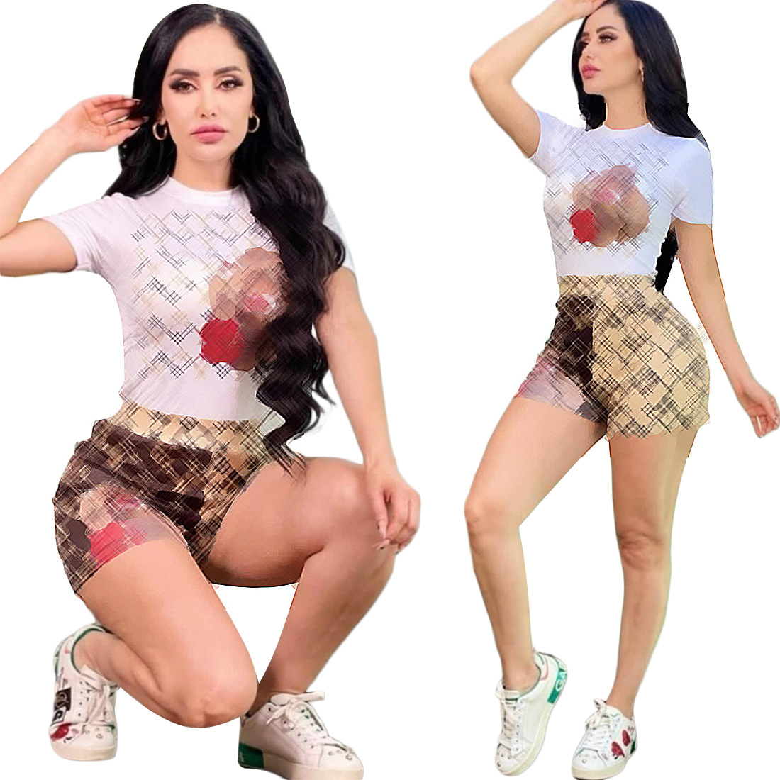 

Fashion Urban Tracksuits Clothing Summer Boutique Brand Name Color Printing Short Sleeved Shirt Shorts Women' Two Piece Suit, J2666-1