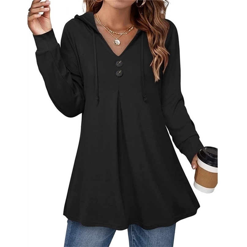 

Elegant Sweatshirt Autumn Women Casual V Neck Long Sleeve Tunic Top Drawstring Hoodie Pullover Button Ladies Fashion Clothes 220811, Coffee