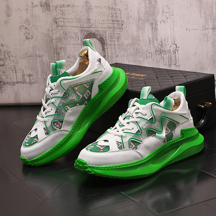 

British Designer Lace-up Wedding Dress Party shoes Breathable No-slip Mesh Vulcanize Casual Sneakers Round Toe Thick Bottom Driving Walking Loafers W77, White green