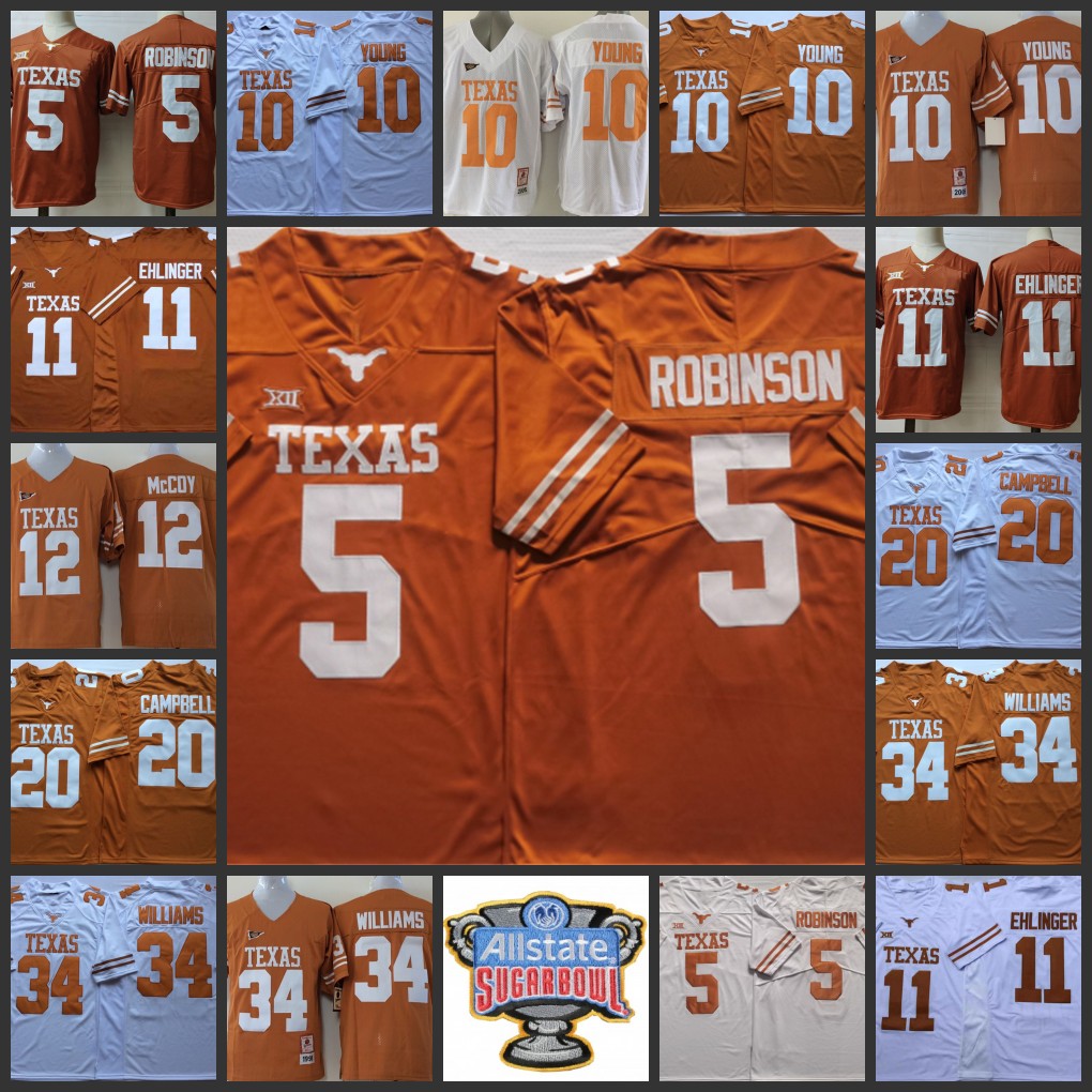 

5 Bijan Robinson Jersey 10 Vince Young 11 Sam Ehlinger 12 Colt McCoy 20 Earl Campbell 34 Ricky Williams Brian Orakpo 2022 NCAA Texas Longhorns Stitched Football Jersey