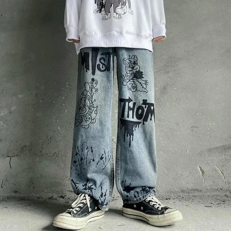 

Men' Jeans Vintage Washed Man Streetwear Graffiti Harajuku Cartoon Anime Print Fashion Women Loose Wide Leg PantsMen