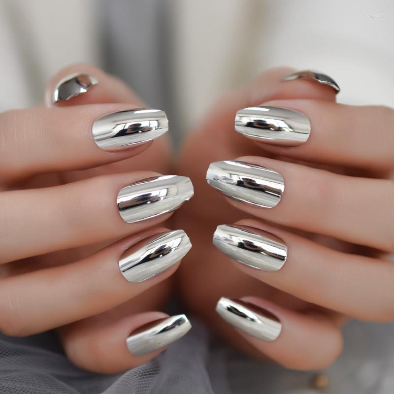

False Nails Silver Mirror Cool Fake Girl Metallic Pigment Nail Coffin Medium Full Cover Decoration Ballerina Prud22, L5140