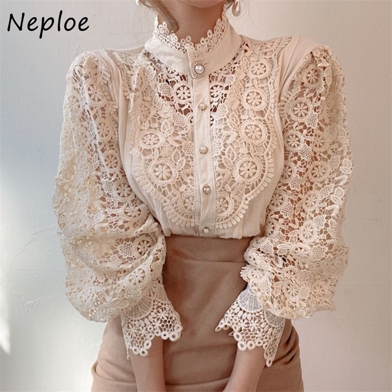 

Neploe Chic Button Hollow Out Flower Lace Patchwork Shirt Stand Collar All-match Femme Blusas Petal Sleeve Women Blouses 220402, Black