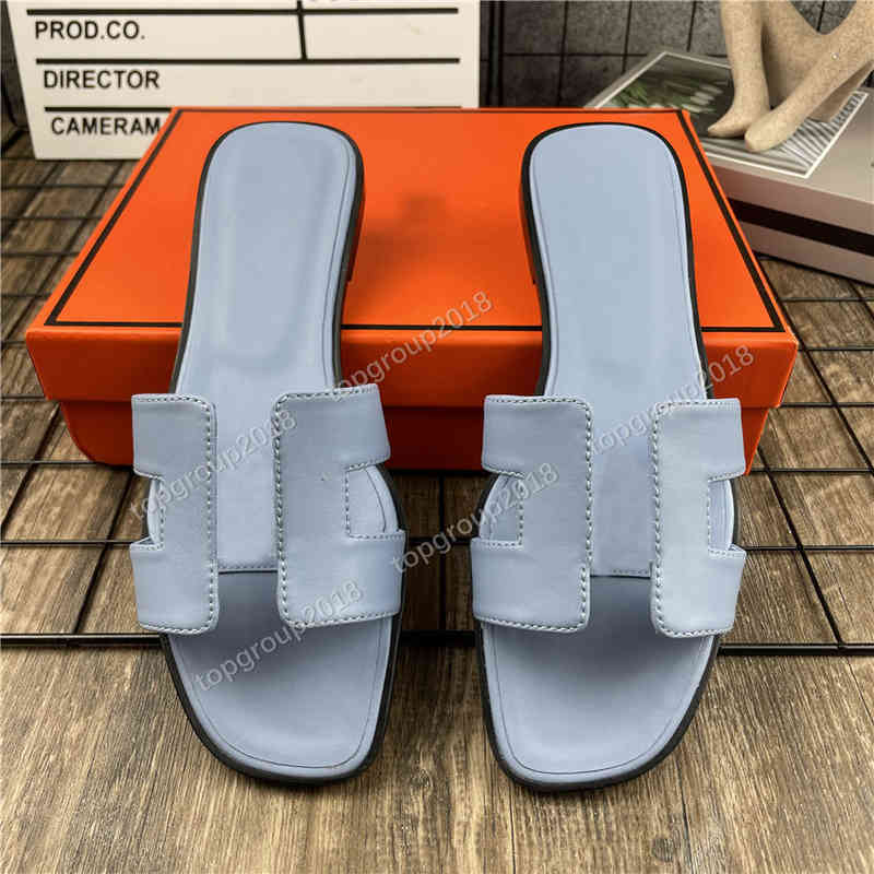

Slipper Fashion Herme Womens Sky Blue Slippers Summer Slides Real Soft Leather Ladies Comfort Flip Flops Slipper Girl Sandali Classic h Open Toe Casual Flat, Flat black