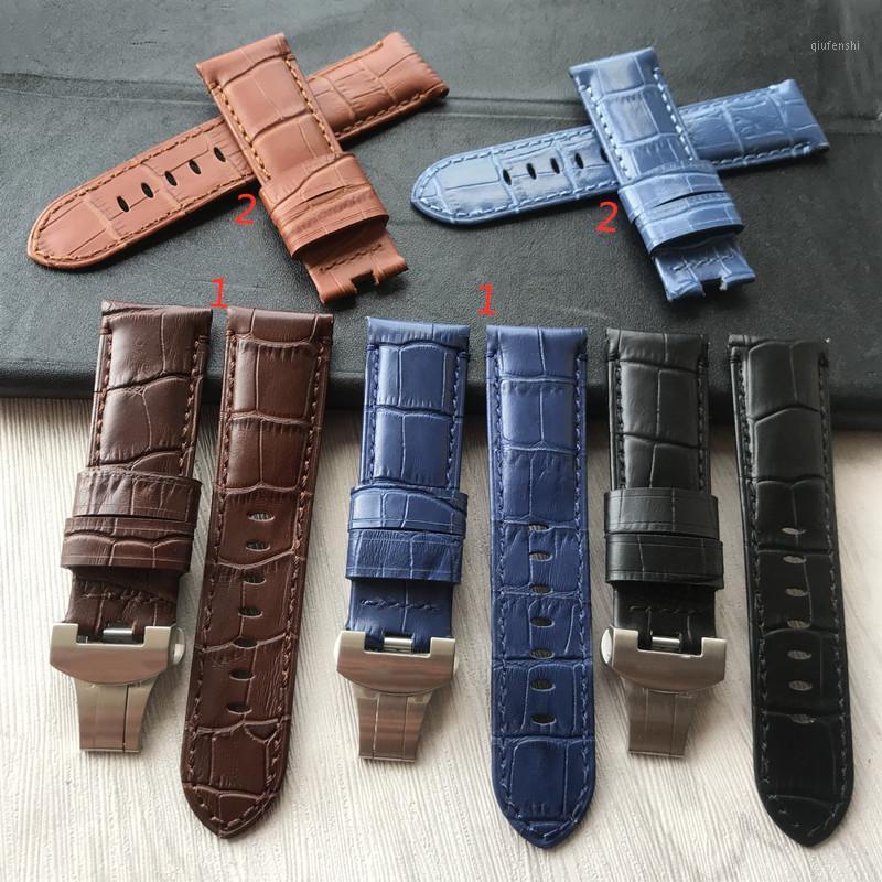 

24mm Handmade Black Blue Stitched Genuine Calf Leather Watch Strap Band For Deployment Buckle Watchband PAM