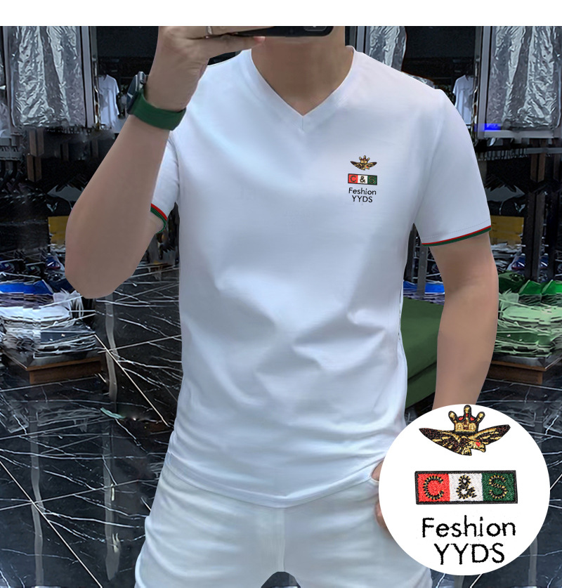 Lettre brodée V-cou T-shirt pour hommes 2022 New Ice Soie Coton Slim Homme Causal Wear Polyvalent Confortable Homme Tees Haute qualité Vêtements
