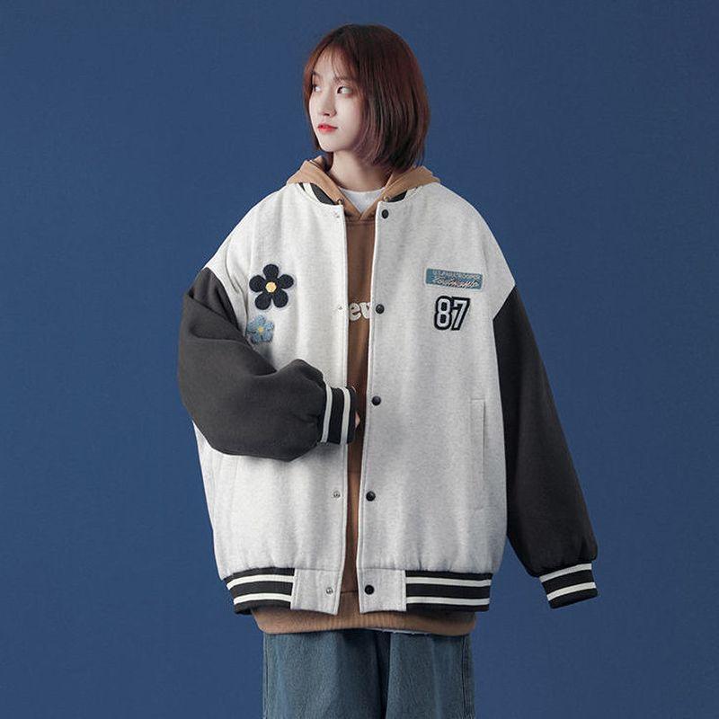 

Women's Jackets Japanese Retro Baseball Uniform Jacket For Men Women Trend Korean Loose 2022 Spring Autumn Contrast Top Hip Hop Punk Coats, Light gray