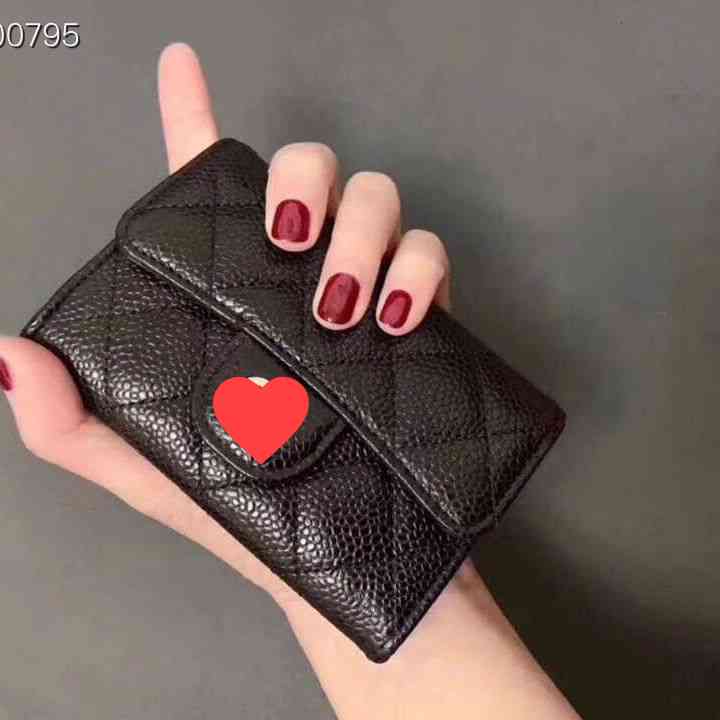 

High Quality Brand design Letter Quilted CC chain short wallet caviar leather women's le boy pocket Leather zipper card pack coin Purse Clutch Pouches with Box 010, Black matching box