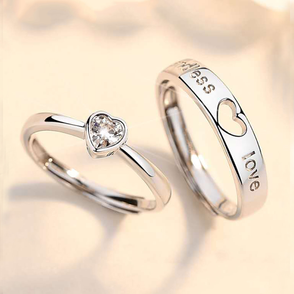 

2022 Fashion Copper Plated Silver With Zircon Adjustable Size Set Couple Rings Heart Shape For Lover Men Women Engagement Wedding Ring Valentine's Day Gift Accessory