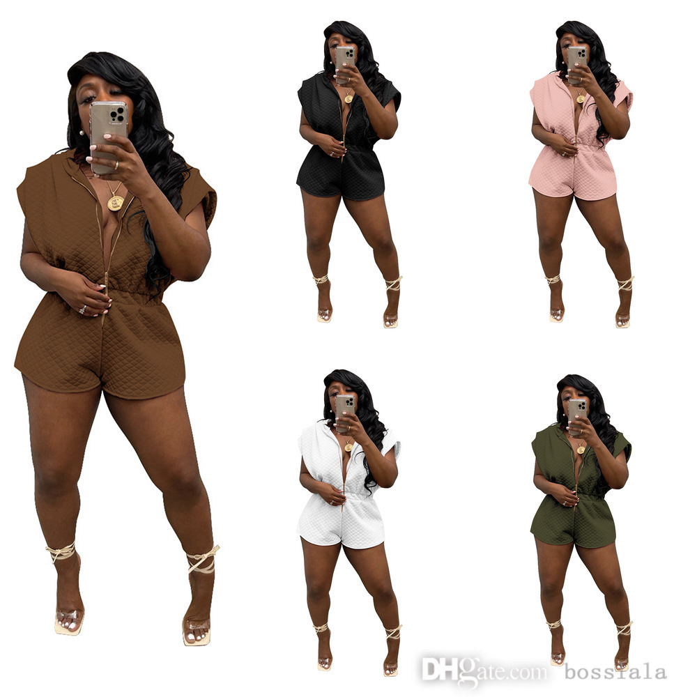 

European And American Women' Clothing Sexy Jumpsuits Diamond Check Hooded Solid One-piece Shorts, Brown