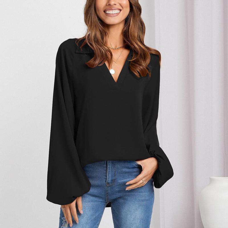

Women' Blouses & Shirts Elegant Shirt Blouse Womens Long Sleeve Thin V Neck Dropped Loose Tops Casual Solid Office Lady TopsWomen, Black