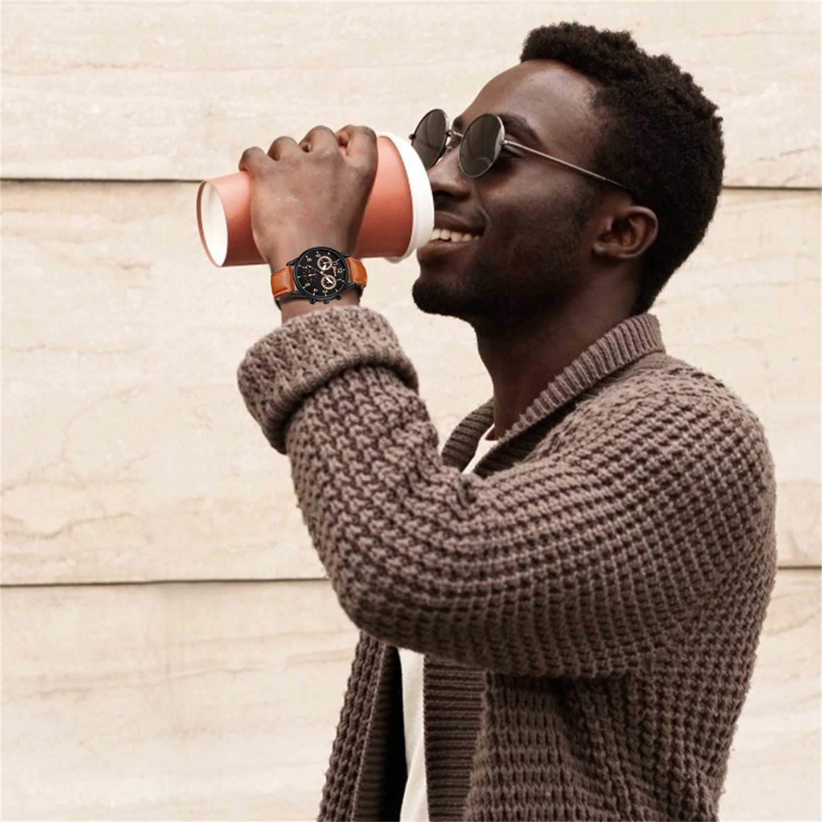 

Mens Elegant Quartz Watch Two Small Scale Dial 2022 Simple Leather Strap for Men wrist Gift Deportivo Hombre