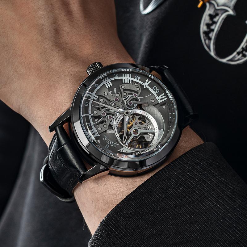 

Wristwatches OBLVLO Design Transparent Watches For Men Tourbillon Automatic Leather Strap VM, Vm-ybb
