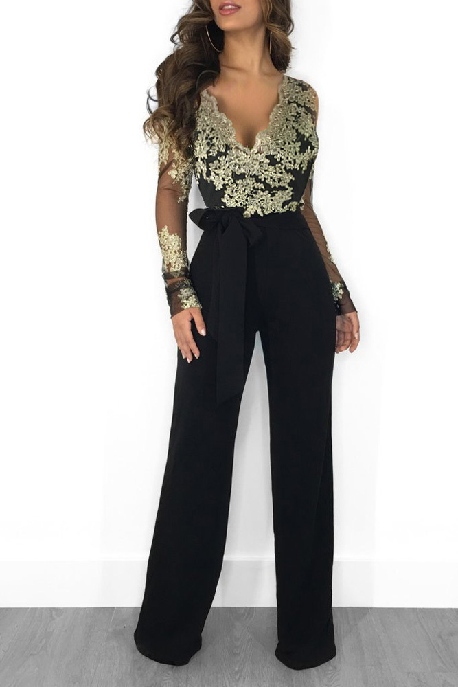 

Wide Leg Casual Overalls Sexy Women V-neck Lace Elegant Straight Party Jumpsuit Rompers 220420, Ml22705