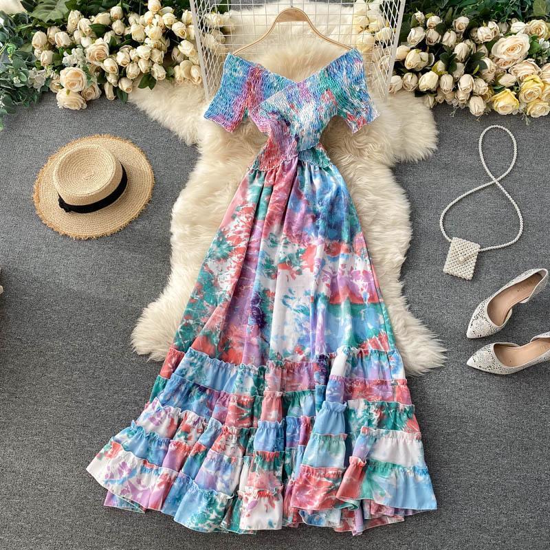 

Bohemian Women Tie Dye Printed Long Dress Sexy Autumn 2022 Female V-Neck Short Sleeve High Waist Vacation Beach Ruffle Vestidos Casual, Blue