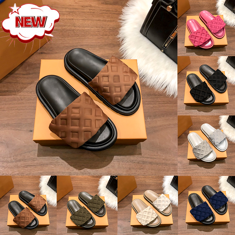 

Fashion designer slipper Pool Pillow Flat Comfort Embossed Mules sandal men Women slides shoes triple black pink beige deep blue copper ivory luxury beach sandals, Double box