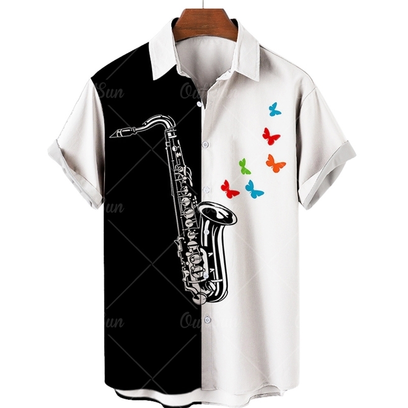 Summer Polyester Cotton Short Sleeve Music Saxophone 3D Printed Shirts For Men Casual Loose Turn Down Collar Mens Beach Shirt 220607