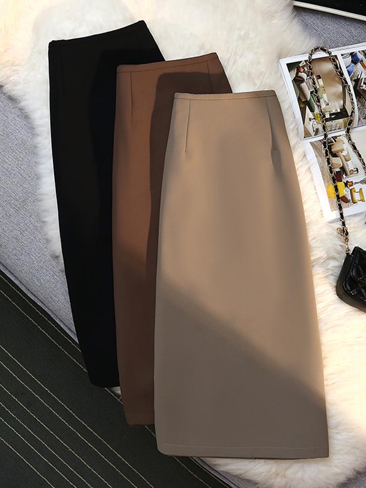

Skirts Yitimoky Woman Long Pencil Midi Korean Style Fashion Clothing 2022 Office Solid Empire Split Zipper Up BottomsSkirts, Black