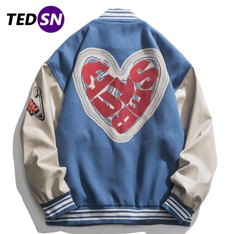

Men's Jackets TEDSN Men Leather Sleeve Baseball Jacket Varsity Coat Fur Heart 2022 Streetwear Vintage Women Male Casual Fashion Winter Blue, Black;brown