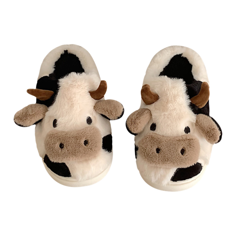 Milk Cow Fluffy Winter Warm Closed Plush Home Fur Slippers Bunny Kawaii Flat Cute Animal Dog Slides Shoes-image-783883646