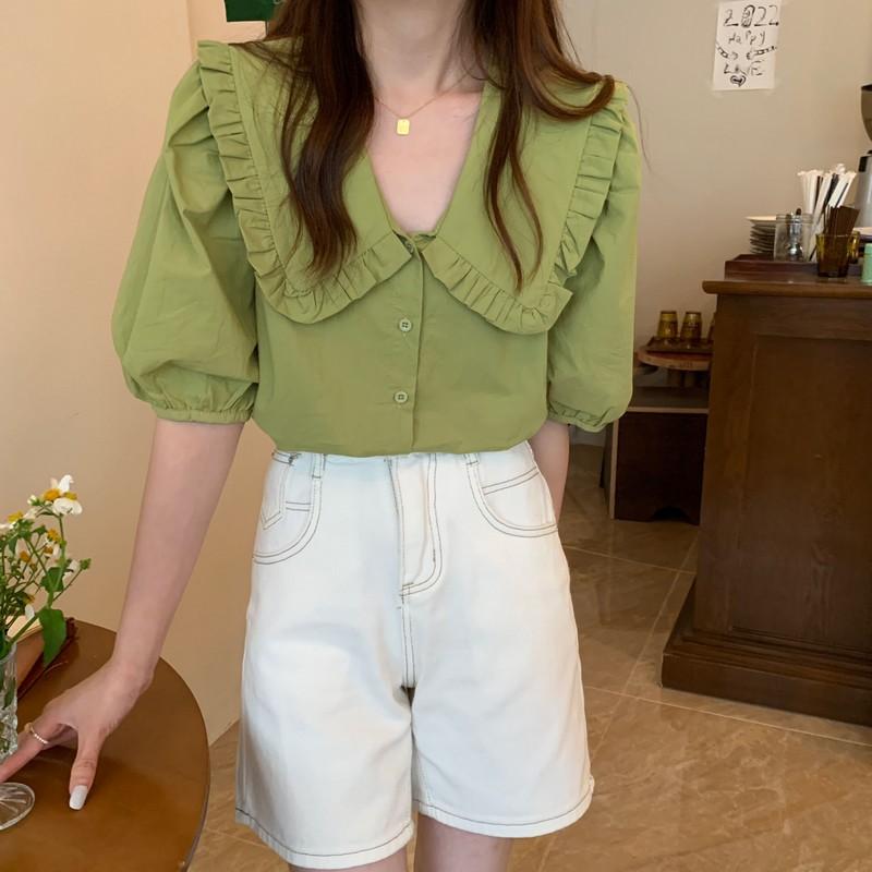 

Women's Blouses & Shirts Blouse Women Korean Style Tops 2022 Summer Short Sleeve Femme Camisa White Shirt, Green