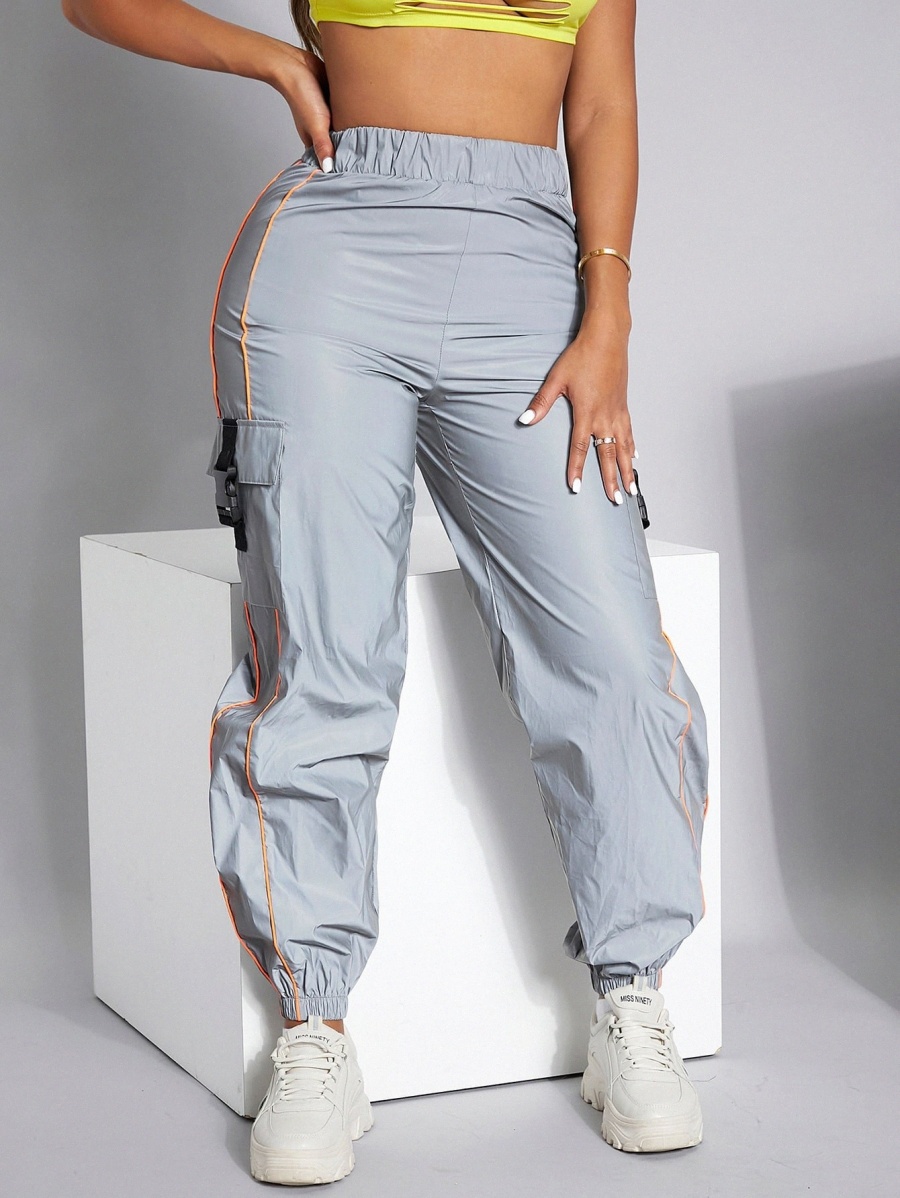 

sxy Contrast Piping Buckle Flap Pocket Cargo Pants v9lR#, Light grey