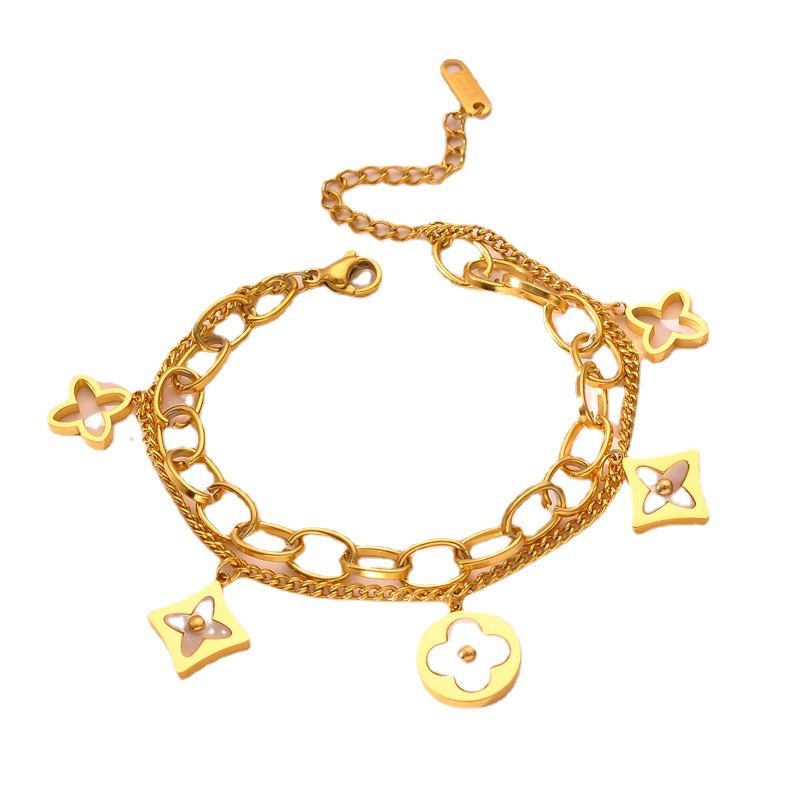 Elegant Women Jewelry Double Layered Clover Charm Bracelet for Gift-image-771897133