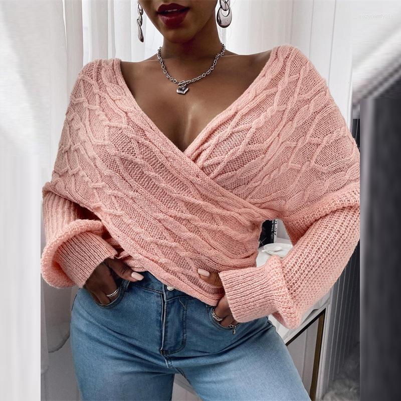 

Women' Sweaters Ins Fashion Criss-Cross V-neck Sweater Women Winter Thick Knitted Lady Pullover Long Sleeve Warm For, 04 black