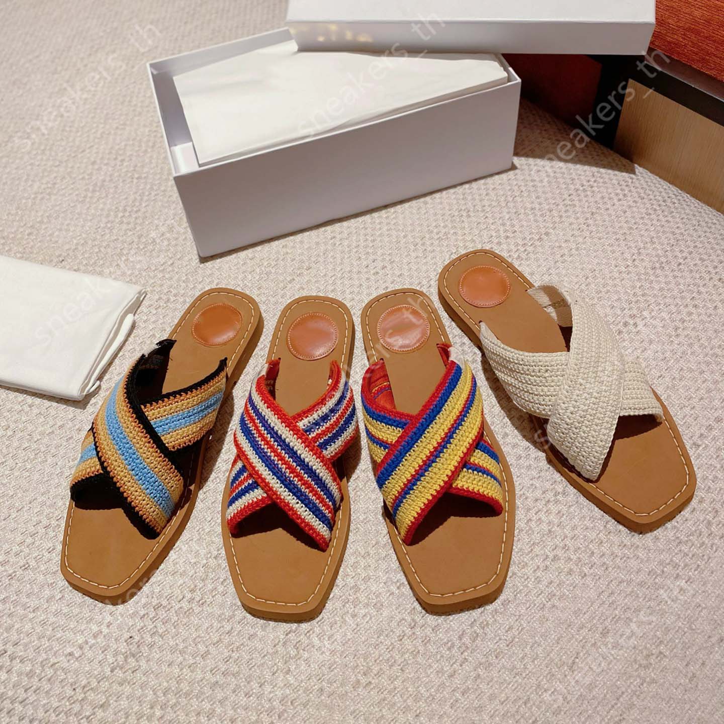

Women Woody Slippers Designers Sandals Crochet Flat Slipper Cross Strap Slides Rainbow Braided Sandal Ladies Summer Holiday Flip Flops, Color2