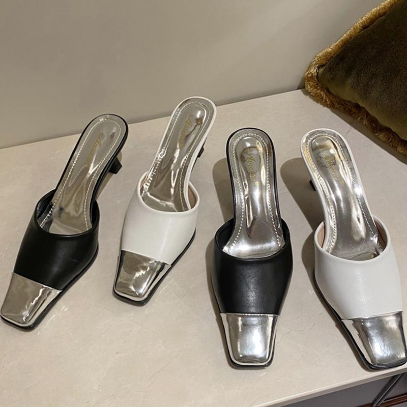 

Slippers Women Mules High Heels Shoes 2022 Square Toe Mixed Colors Casual Slides Female Thin Ladies Pumps, Black