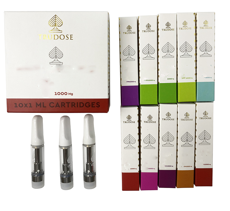 

New in stock Trudose Carts 1ml 0.8ml Atomizers Vape Cartridges Packaging Empty Dab Pen Wax Vaporizer 510 Thread Ceramic Coil Premium Box 10 Strains E Cigarettes