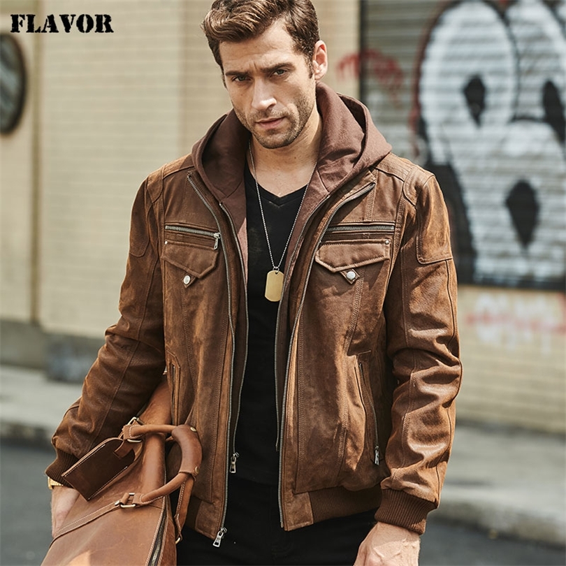 

FLAVOR New Men's Real Leather Jacket with Removable Hood Brown Jacket Genuine Leather Warm Coat For Men CJ191128