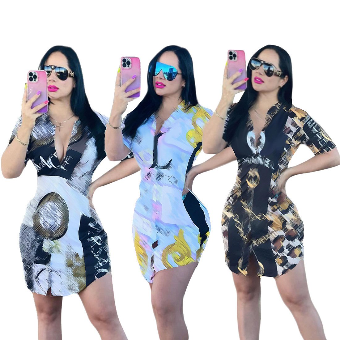 

Summer Digital Colorful Print Shirt Dress For Women Short Sleeve Lapel Single-breasted Blouses Mini Dresses J2638, White black