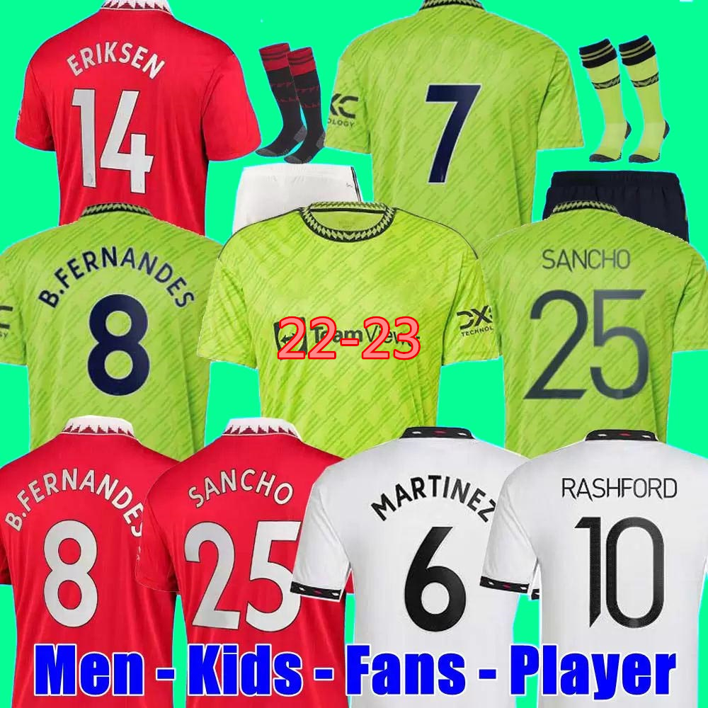 

22 23 soccer jerseys SANCHO fans player uniform CAVANI BRUNO FERNANDES RASHFORD SHAW 2022 2023 football shirt VARANE FRED GREENWOOD ELANGA Men Kids kit, 22-23 away+u c l